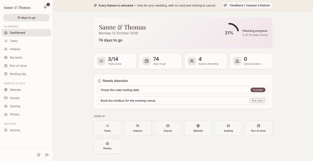 Walking through the app: the dashboard, tasks assigned to named helpers, a task with instructions, and the wedding-day run of show being pushed back ten minutes.